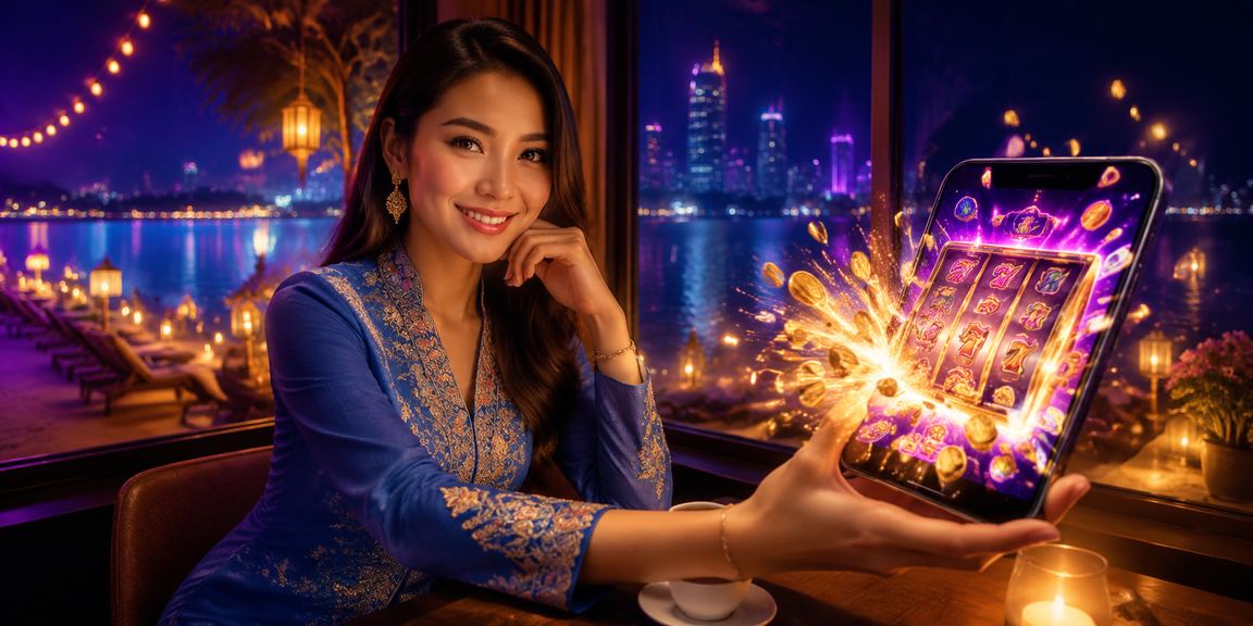 Wanita berbaju kurung bermain permainan dalam talian di Johor menggunakan telefon
